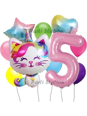 Parti Station Unicorn Kedi Kitty Konsept 5 Yaş Doğum Günü Parti Balon Set Sevimli Unicorn Kedi Tema Parti Set