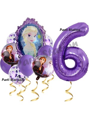 Parti Station Frozen Balon 1 Yaş Doğum Günü Set Frozen Elsa Karlar Ülkesi Konsept Balon ve Mor Rakam Balon