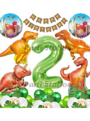 Parti Station Orman Tema Jurassic Park Dinozor Konsept Yeşil Rakam Balon 2 Yaş Dev Balonlu Doğum Günü Balon Set