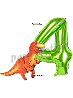Parti Station Dinozor Konsept 4 Yaş Balon Set Dinozor T-Rex Balon ve Yeşil Rakam Balon Doğum Günü Set