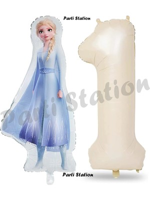 Parti Station Elsa Frozen Balon 1 Yaş Doğum Günü Set Frozen Karlar Ülkesi Konsept Balon ve Krem Rakam Balon