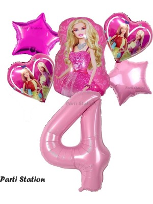 Parti Station Folyo Balon Set Barbie Kalp Pembe 4 Yaş Balon Set Barbie Konsept Doğum Günü Set Yaş Balon Set