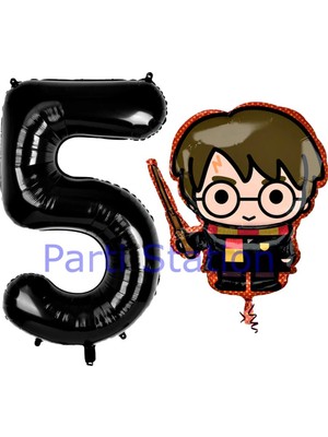 Parti Station Harry Potter 5 Yaş Siyah Renk Rakam Balon Set Harry Potter Hogwarts Konsept Doğum Günü Balon Set