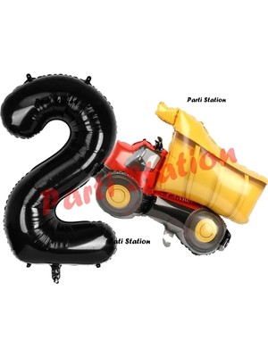 Parti Station Inşaat Konsept 2 Yaş Doğum Günü Balon Set Kamyon Balon ve Siyah Rakam Balon Doğum Günü Set