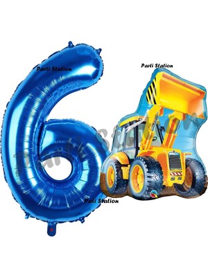 Parti Station Inşaat Konsept 6 Yaş Doğum Günü Balon Set Kamyon Kepçe Balon ve Lacivert Rakam Balon Parti Set