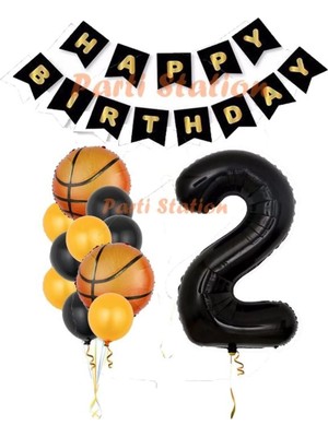 Parti Station Basketbol Konsept 2 Yaş Siyah Balon Set Basketbol Tema Doğum Günü Balon Seti