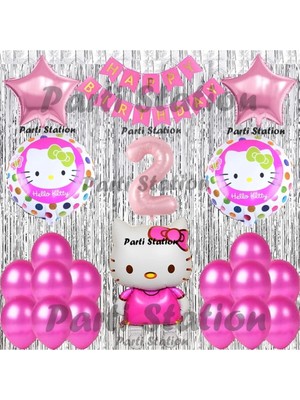 Parti Station Hello Kitty Balon Set 2 Yaş Hello Kitty Sevimki Kedi Konsept Pembe Rakam Doğum Günü Parti Balon Set