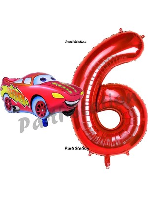 Parti Station Cars Arabalar Balon Konsept 6 Yaş Balon Şimşek Mcqueen Balon ve Kırmızı Rakam Balon Doğum Günü Set