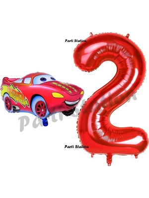 Parti Station Cars Arabalar Balon Konsept 2 Yaş Balon Şimşek Mcqueen Balon ve Kırmızı Rakam Balon Doğum Günü Set