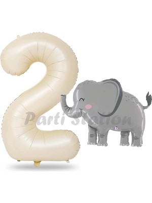 Parti Station Sevimli Fil Balon 2 Yaş Doğum Günü Balon Set Safari Konsept Fil Balon ve Krem Renk Rakam Balon