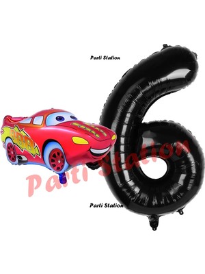 Parti Station Cars Arabalar Balon Konsept 6 Yaş Balon Şimşek Mcqueen Balon ve Siyah Rakam Balon Doğum Günü Set