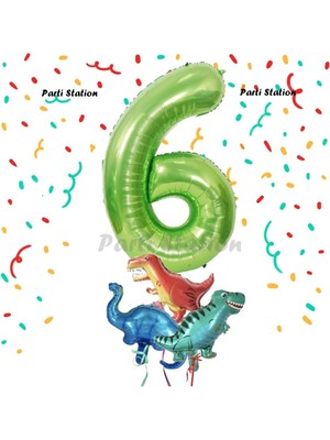 Parti Station Yeşil Renk Rakam Balonlu Küçük Boy Dinozor Balonlu 6 Yaş Dinozor Konsept Doğum Günü Parti Balon Set