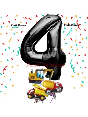 Parti Station Siyah Renk Rakam Balon Küçük Boy Inşaat Balonlu 4 Yaş Inşaat Kamyon Konspet Doğum Günü Balon Set