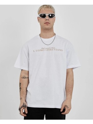 Luz&Pos Unisex Bisiklet Yaka Baskılı Oversize T-Shirt - Beyaz