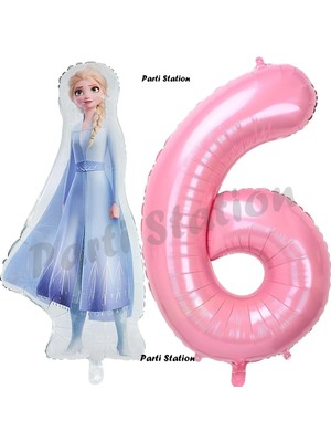 Parti Station Elsa Frozen Balon 6 Yaş Doğum Günü Set Frozen Karlar Ülkesi Konsept Balon ve Pembe Rakam Balon