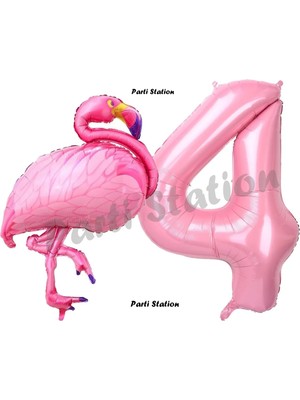 Parti Station Flamingo Balon 4 Yaş Doğum Günü Balon Set Flamingo Konsept Balon ve Pembe Rakam Balon Doğum Günü Set