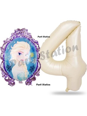 Parti Station Frozen Balon 4 Yaş Doğum Günü Set Frozen Elsa Konsept Balon ve Krem Rakam Balon Doğum Günü Set