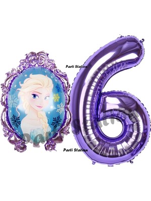 Parti Station Frozen Balon 6 Yaş Doğum Günü Set Frozen Elsa Konsept Balon ve Mor Rakam Balon Doğum Günü Set