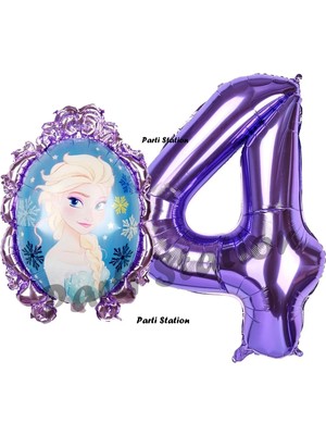Parti Station Frozen Balon 4 Yaş Doğum Günü Set Frozen Elsa Konsept Balon ve Mor Rakam Balon Doğum Günü Set