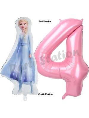 Parti Station Elsa Frozen Balon 4 Yaş Doğum Günü Set Frozen Karlar Ülkesi Konsept Balon ve Pembe Rakam Balon
