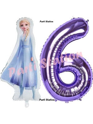 Parti Station Elsa Frozen Balon 1 Yaş Doğum Günü Set Frozen Karlar Ülkesi Konsept Balon ve Mor Rakam Balon