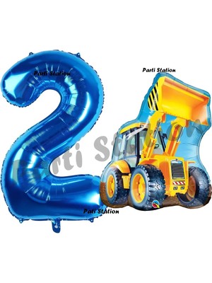 Parti Station Inşaat Konsept 2 Yaş Doğum Günü Balon Set Kamyon Kepçe Balon ve Lacivert Rakam Balon Parti Set
