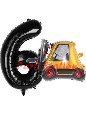 Parti Station Inşaat Forklift Kamyonu Balon 6 Yaş Doğum Günü Balon Set Iş Makinaları Konsept ve Siyah Rakam Balon