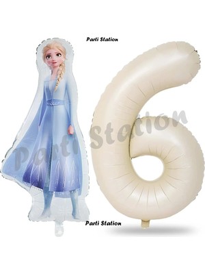 Parti Station Elsa Frozen Balon 6 Yaş Doğum Günü Set Frozen Karlar Ülkesi Konsept Balon ve Krem Rakam Balon