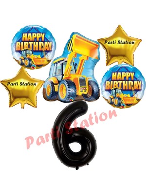 Parti Station Inşaat Konsept 6 Yaş Doğum Günü Balon Set Kamyon Kepçe Balon ve Siyah Rakam Balon Parti Set