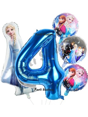 Parti Station Frozen Balon 4 Yaş Doğum Günü Set Frozen Elsa Karlar Ülkesi Konsept Balon ve Lacivert Rakam Balon