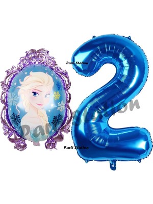 Parti Station Frozen Balon 2 Yaş Doğum Günü Set Frozen Elsa Konsept Balon ve Lacivert Rakam Balon Doğum Günü Set