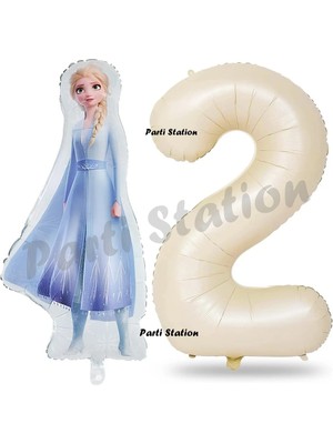 Parti Station Elsa Frozen Balon 2 Yaş Doğum Günü Set Frozen Karlar Ülkesi Konsept Balon ve Krem Rakam Balon
