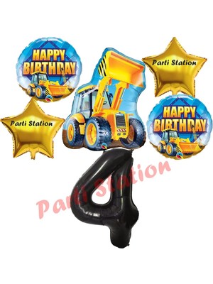 Parti Station Inşaat Konsept 4 Yaş Doğum Günü Balon Set Kamyon Kepçe Balon ve Siyah Rakam Balon Parti Set
