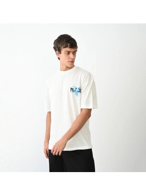 Luz&Pos Unisex Bisiklet Yaka Baskılı Oversize T-Shirt - Beyaz