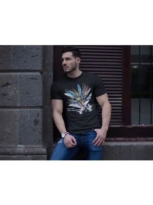 Luz&Pos Erkek Bisiklet Yaka Baskılı Oversize T-Shirt - Siyah