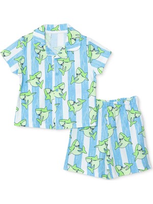 Hellobaby Hellobaby Erkek Bebek Kısa Kol Pijama Takımı Hayvan Baskılı Düğmeli Shirt Collar Kısa Paça Kısa Kol