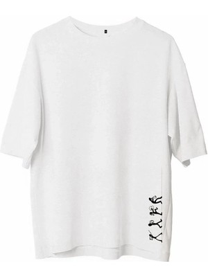 Luz&Pos Unisex Bisiklet Yaka Baskılı Oversize T-Shirt - Beyaz