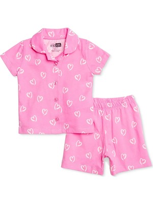 Hellobaby Hellobaby, Kız, Kısa Kol Pijama Takımı, Kalp Baskılı, Düğmeli, Gömlek Yaka, Kısa Paça, Kısa Kol