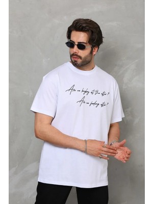 Luz&Pos Unisex Bisiklet Yaka Baskılı Oversize T-Shirt - Beyaz