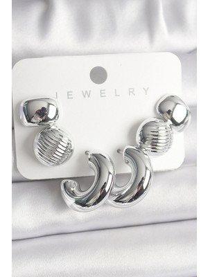 Luz&Pos Gümüş Renk Işlemeli Daire Halka Model Ccb Platik Kadın Küpe Seti