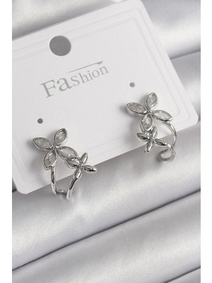 Luz&Pos Pirinç Gümüş Renk Zirkon Taşlı 2'li Çiçek Model Kadın Küpe