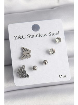 Luz&Pos 316L Çelik Gümüş Renk Zirkon Taşlı Kelebek Model Kadın Küpe Seti