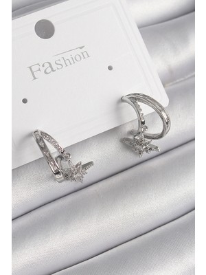 Luz&Pos Pirinç Gümüş Renk Zirkon Taşlı Halka Model Sallantı Yıldız Detay Kadın Küpe