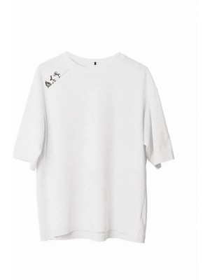 Luz&Pos Unisex Bisiklet Yaka Baskılı Oversize T-Shirt - Beyaz