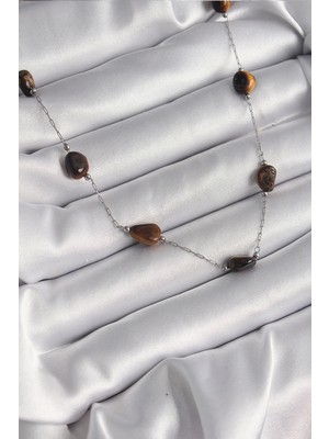 Luz&Pos 316L Çelik Gümüş Renk Zincir Kahverengi Doğaltaş Model Kadın Kolye