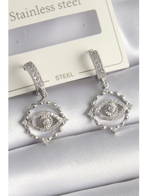 Luz&Pos Pirinç Gümüş Renk Zirkon Taşlı Göz Model Kadın Küpe