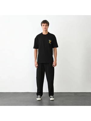 Luz&Pos Unisex Bisiklet Yaka Baskılı Oversize T-Shirt - Siyah