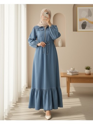 Modamorfo Kolu Lastikli Beli Tünel Bağcıklı Cepli Kot Elbise  -Mavi