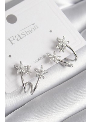 Luz&Pos Pirinç Gümüş Renk Zirkon Taşlı Çiçek Model Kadın Küpe