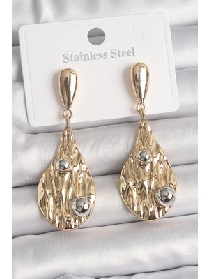 Luz&Pos Pirinç Gold Renk Sallantı Damla Model Gümüş Top Detay Kadın Küpe